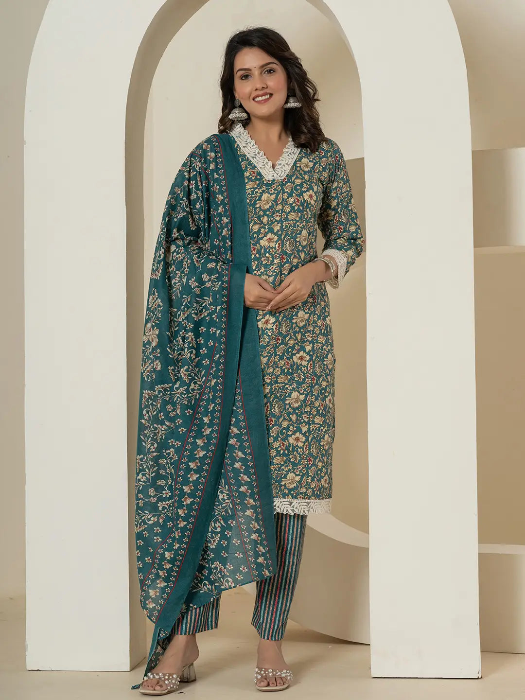 Blue Floral Print Cotton Straight Kurta Dupatta Pant Set-Yufta Store-7235SKDBLM