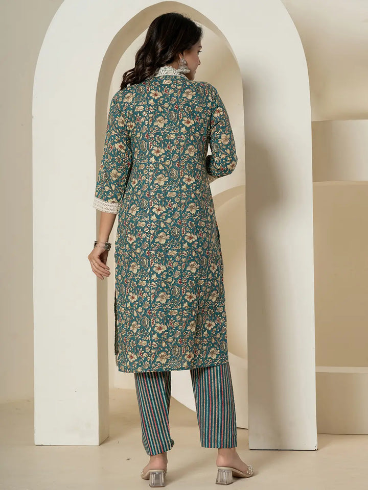 Blue Floral Print Cotton Straight Kurta Dupatta Pant Set-Yufta Store-7235SKDBLM