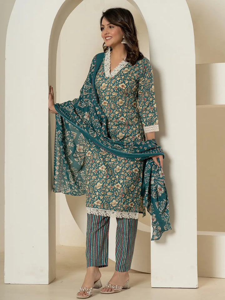 Blue Floral Print Cotton Straight Kurta Dupatta Pant Set-Yufta Store-7235SKDBLM