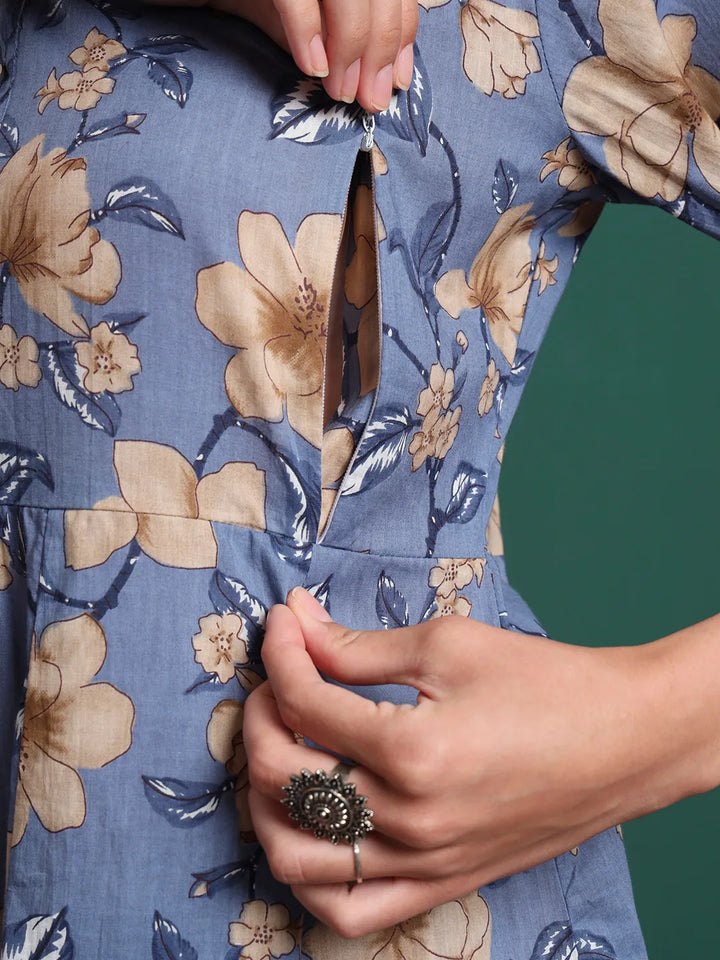 Blue Floral Print Maternity A-Line Kurta Trouser Dupatta Set