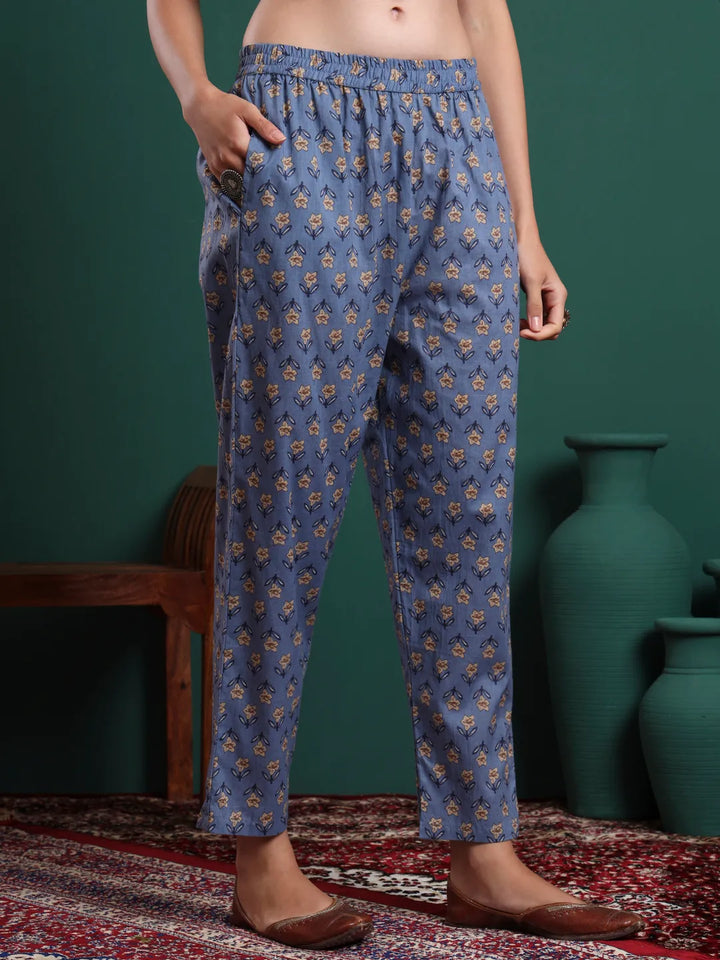 Blue Floral Print Maternity A-Line Kurta Trouser Dupatta Set
