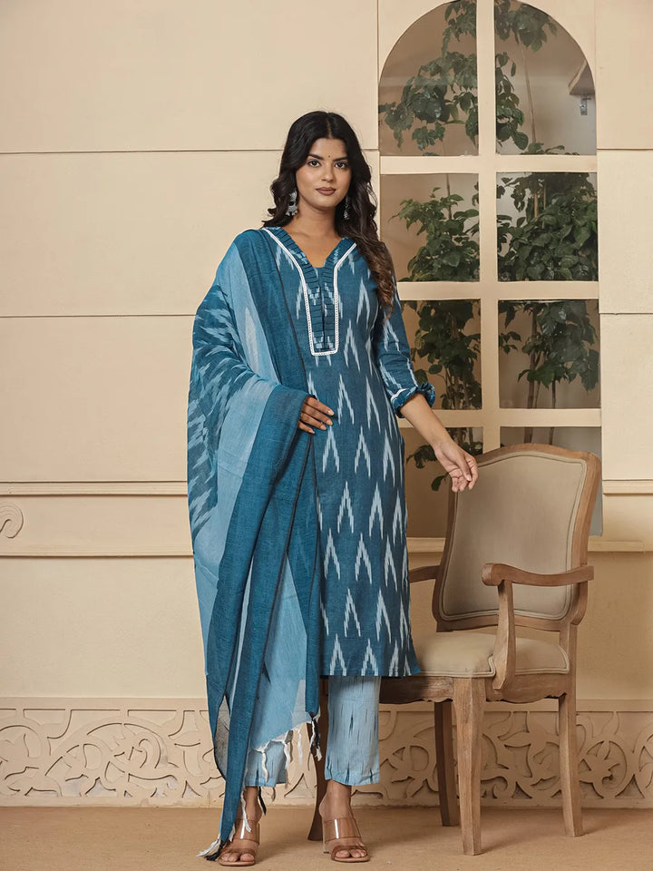 Blue Ikat Print Straight Strappy Kurta Trouser And Dupatta Set-Yufta Store-1893SKDBLS