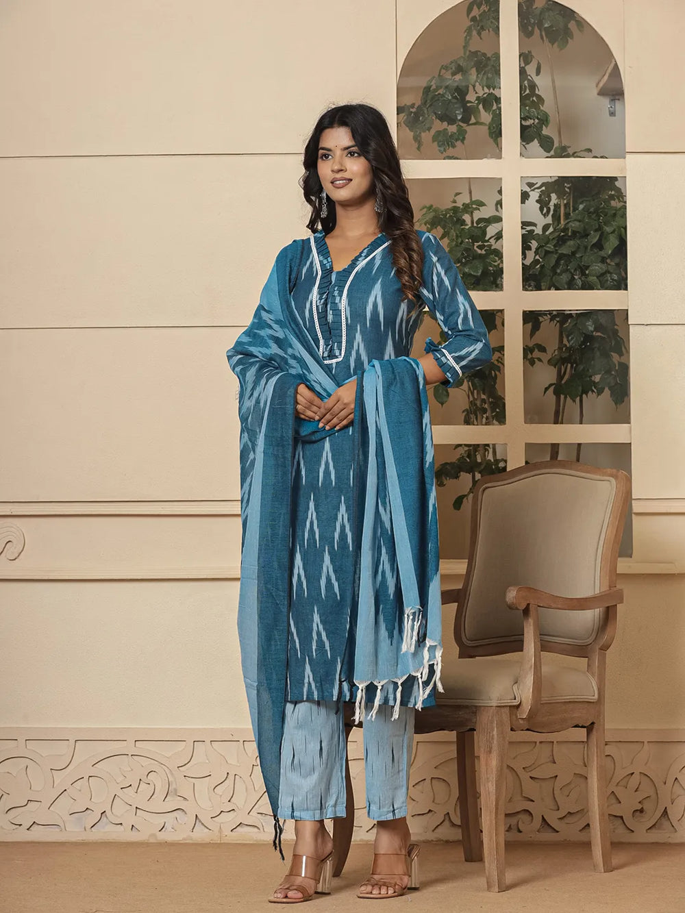 Blue Ikat Print Straight Strappy Kurta Trouser And Dupatta Set-Yufta Store-1893SKDBLS