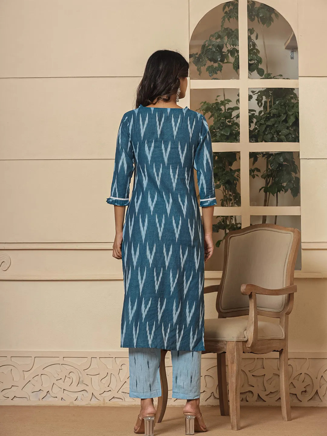 Blue Ikat Print Straight Strappy Kurta Trouser And Dupatta Set-Yufta Store-1893SKDBLS