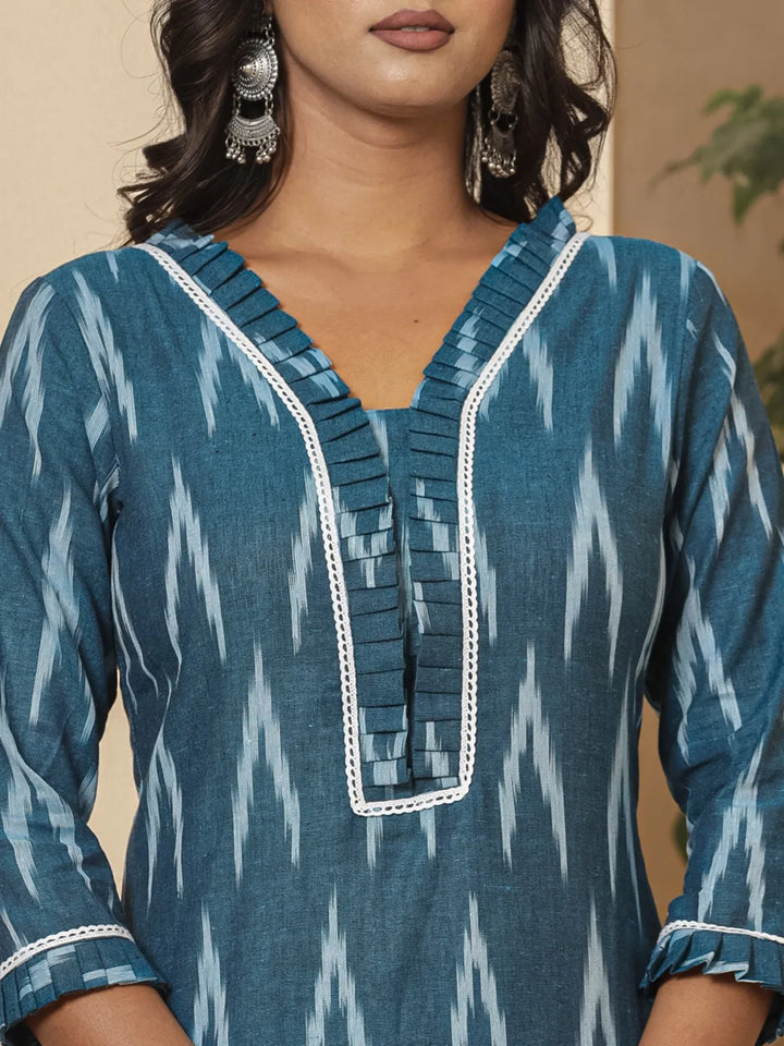 Blue Ikat Print Straight Strappy Kurta Trouser And Dupatta Set-Yufta Store-1893SKDBLS