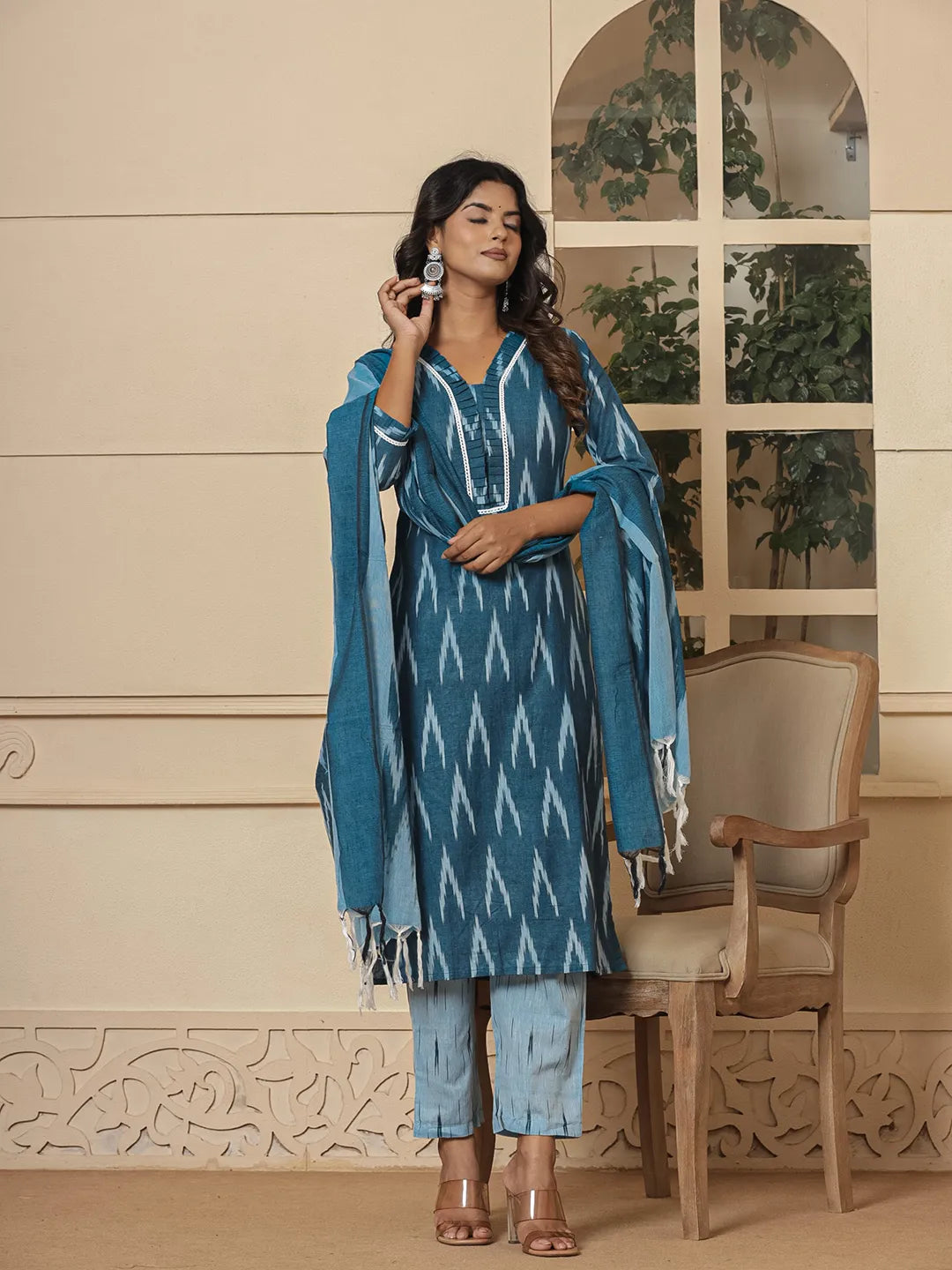 Blue Ikat Print Straight Strappy Kurta Trouser And Dupatta Set-Yufta Store-1893SKDBLS