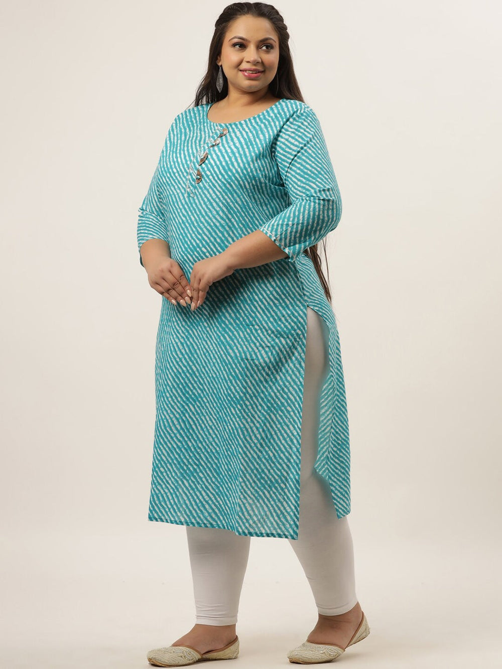 Plus Size Blue Leheriya Printed Kurta-Yufta Store-636KURPBL3XL