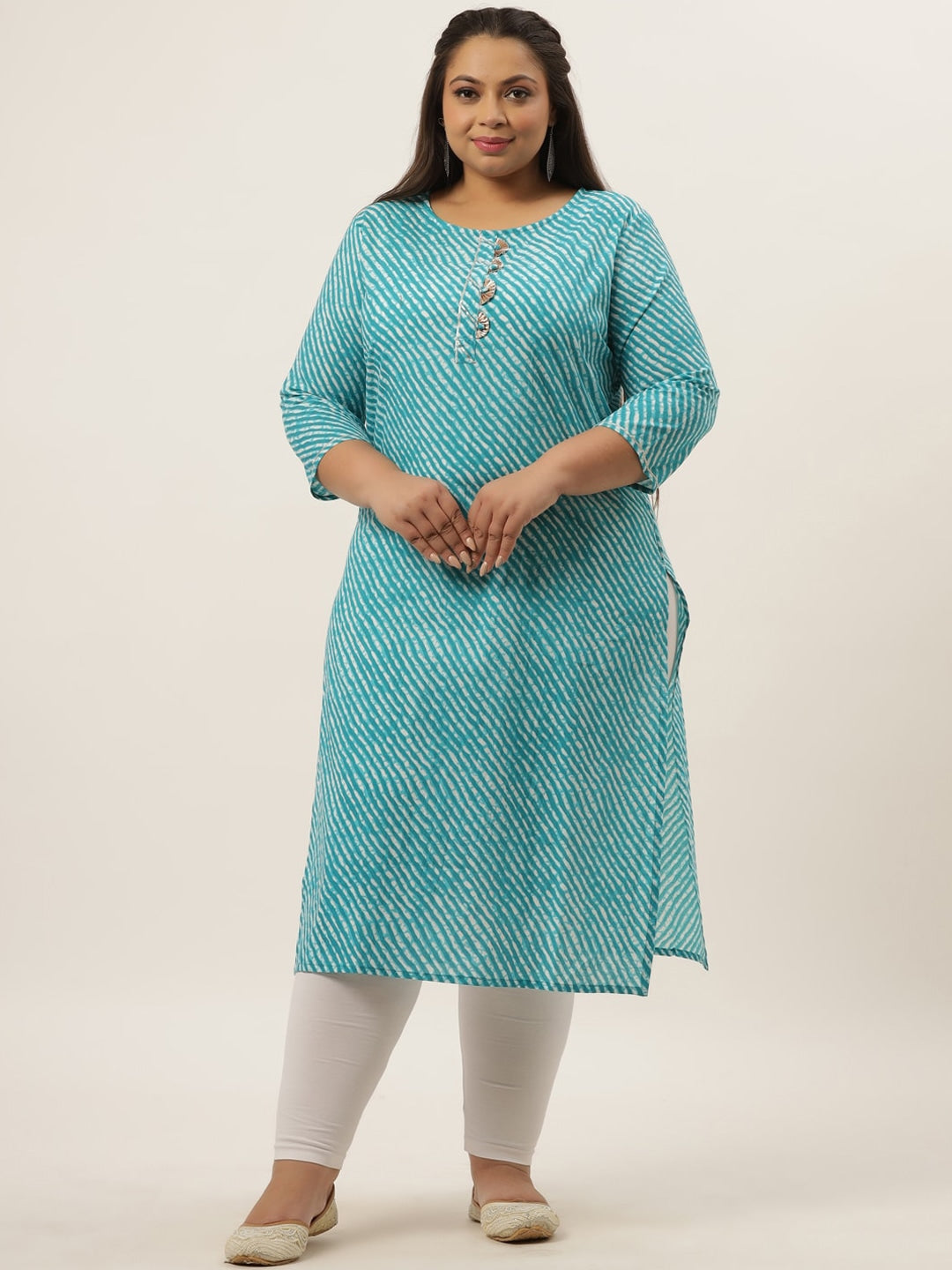 Plus Size Blue Leheriya Printed Kurta-Yufta Store-636KURPBL3XL