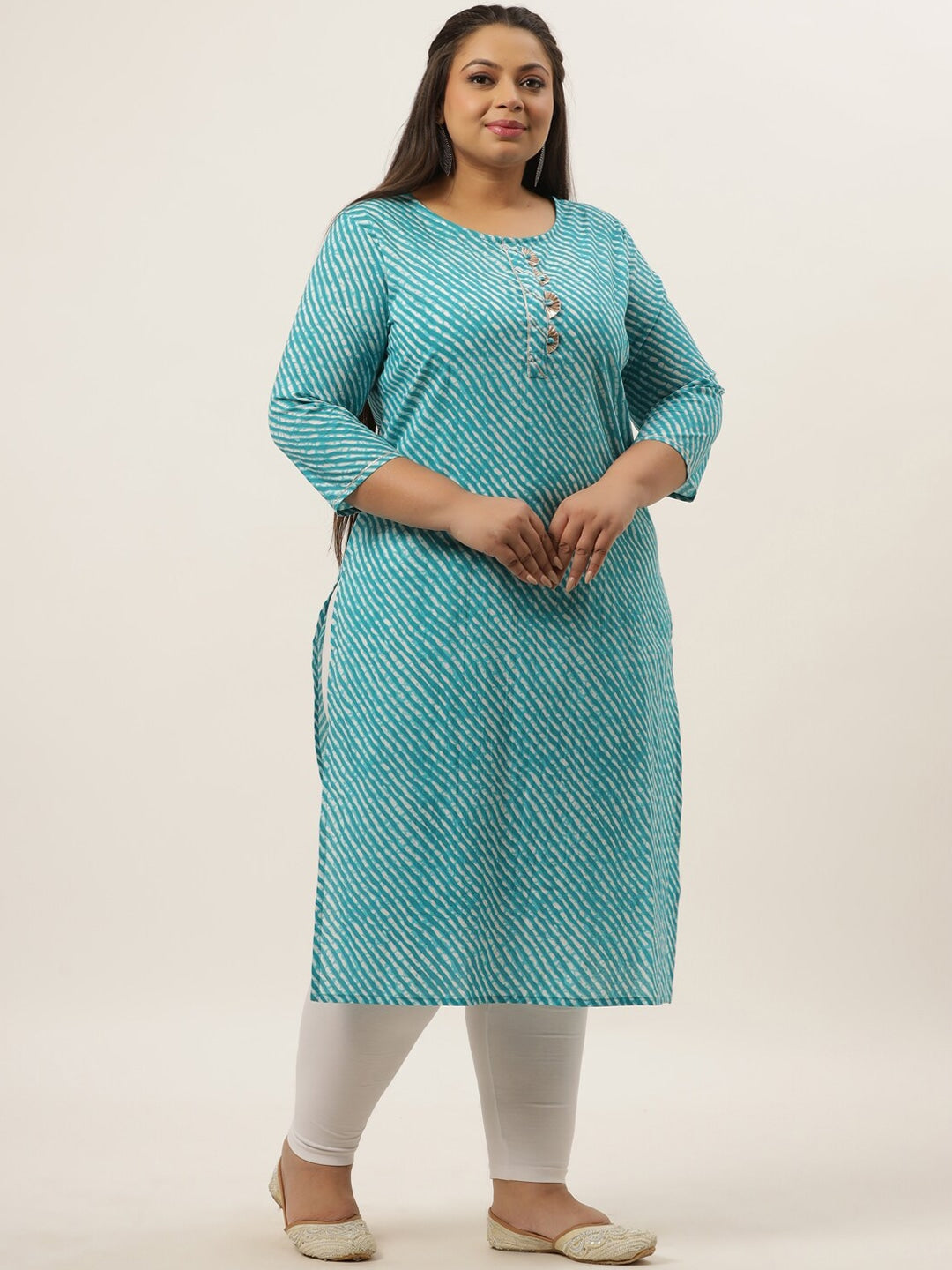 Plus Size Blue Leheriya Printed Kurta-Yufta Store-636KURPBL3XL