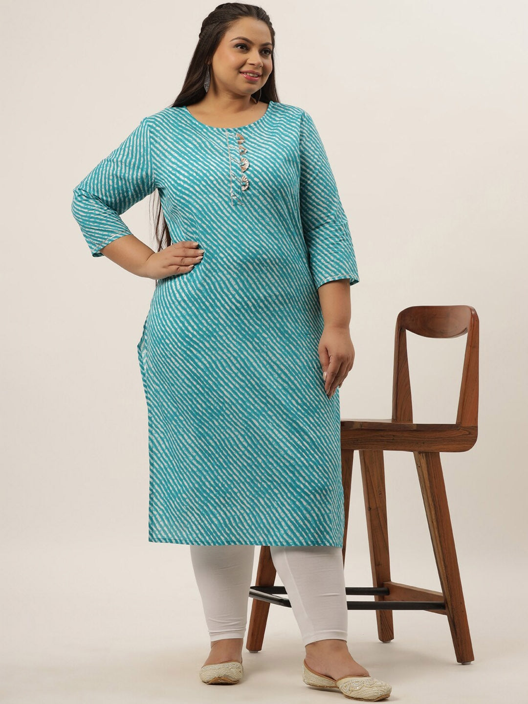 Plus Size Blue Leheriya Printed Kurta-Yufta Store-636KURPBL3XL