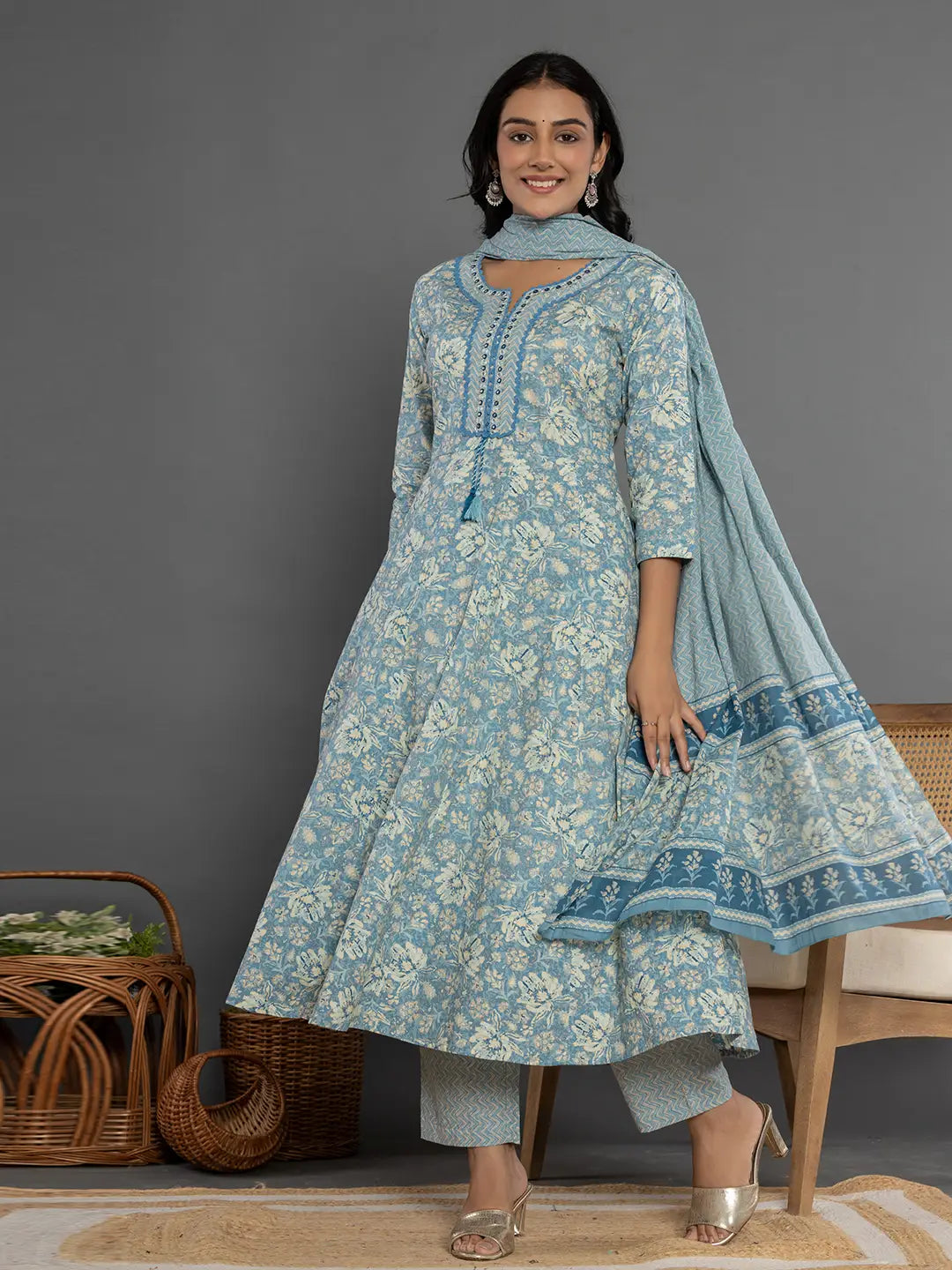 Blue Mirror_Work Cotton Anarkali Kurta Duppta Set-Yufta Store-1895SKDBLS