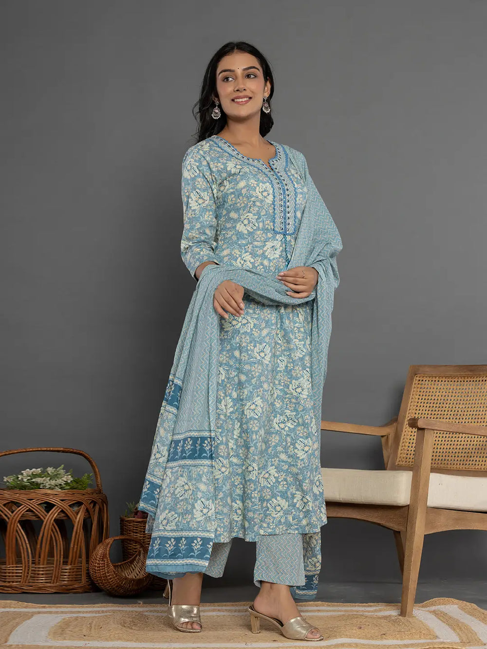 Blue Mirror_Work Cotton Anarkali Kurta Duppta Set-Yufta Store-1895SKDBLS