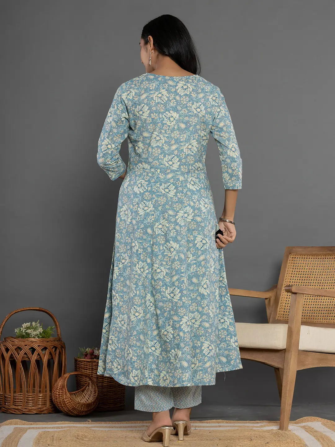 Blue Mirror_Work Cotton Anarkali Kurta Duppta Set-Yufta Store-1895SKDBLS