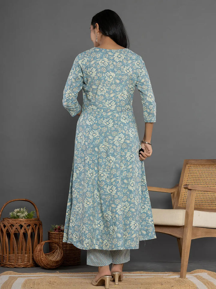 Blue Mirror_Work Cotton Anarkali Kurta Duppta Set-Yufta Store-1895SKDBLS