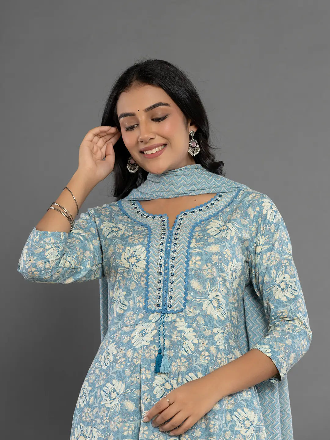 Blue Mirror_Work Cotton Anarkali Kurta Duppta Set-Yufta Store-1895SKDBLS