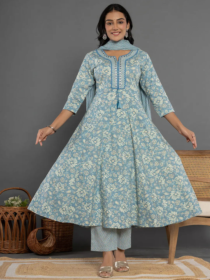 Blue Mirror_Work Cotton Anarkali Kurta Duppta Set-Yufta Store-1895SKDBLS