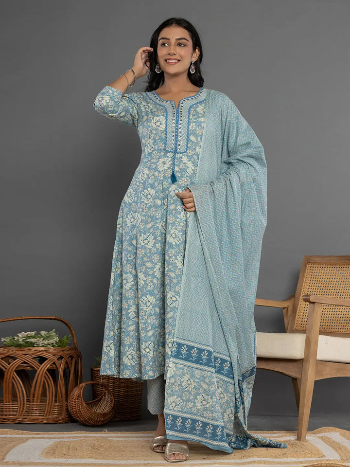 Blue Mirror_Work Cotton Anarkali Kurta Duppta Set-Yufta Store-1895SKDBLS