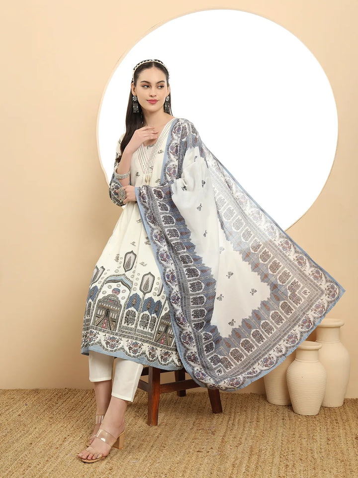 Blue Premium Mul Cotton ALine Kurta Dupatta Set-Yufta Store-6390SKDBLM
