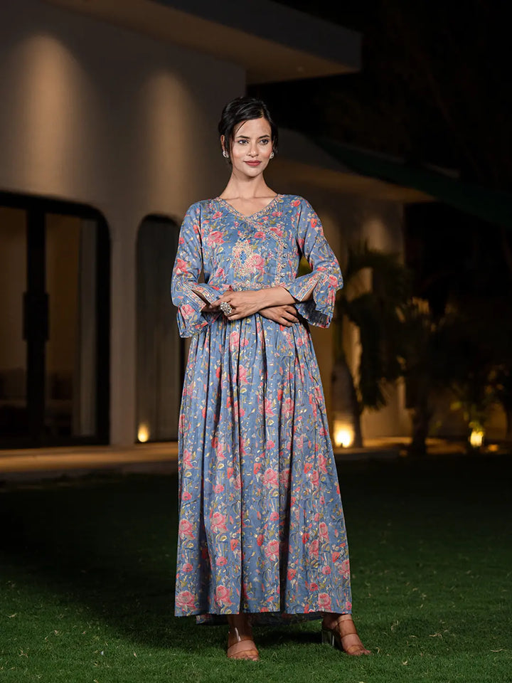 Blue Pure Cotton Beads And Stones Gathers Angrakha Dress-Yufta Store-1692DRSBLS