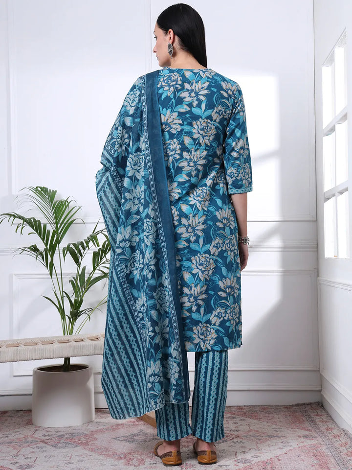 Blue Pure Cotton Floral Print Kantha Work Straight Kurta Pant Set-Yufta Store-6455SKDBLM