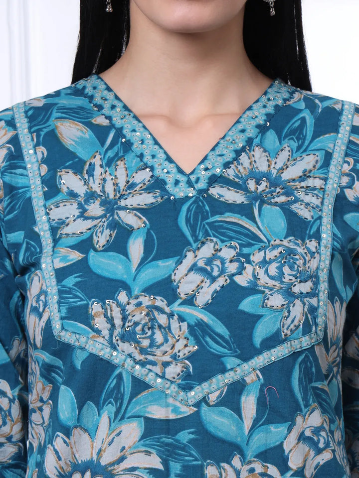 Blue Pure Cotton Floral Print Kantha Work Straight Kurta Pant Set-Yufta Store-6455SKDBLM