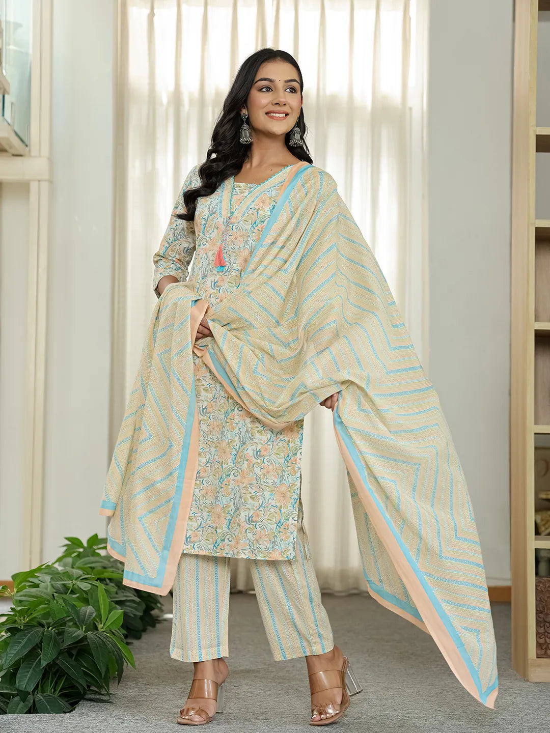 Blue Pure Cotton Floral Print Kurta Dupatta Pant Set-Yufta Store-6544SKDBLM