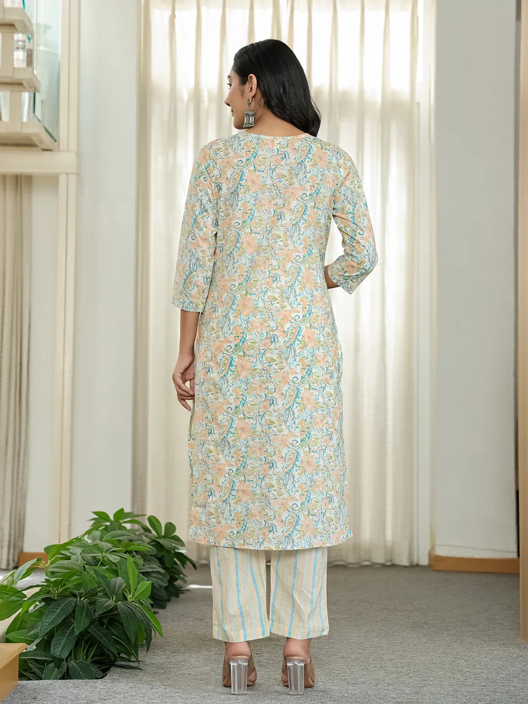 Blue Pure Cotton Floral Print Kurta Dupatta Pant Set-Yufta Store-6544SKDBLM