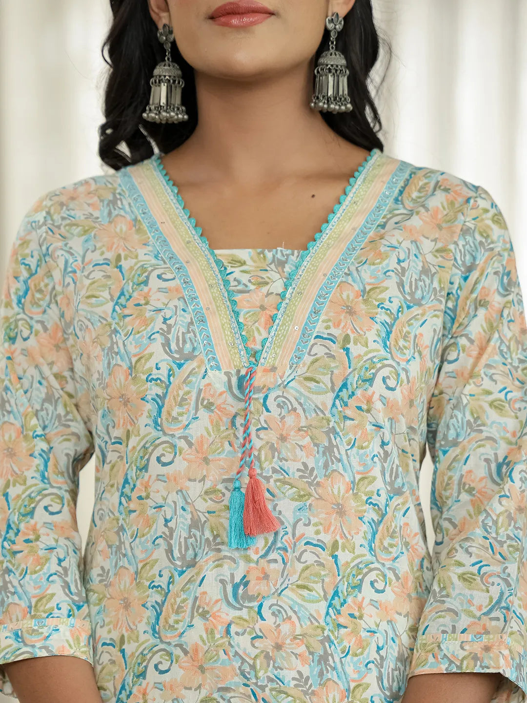 Blue Pure Cotton Floral Print Kurta Dupatta Pant Set-Yufta Store-6544SKDBLM