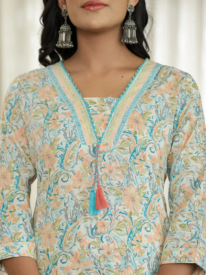 Blue Pure Cotton Floral Print Kurta Dupatta Pant Set-Yufta Store-6544SKDBLM