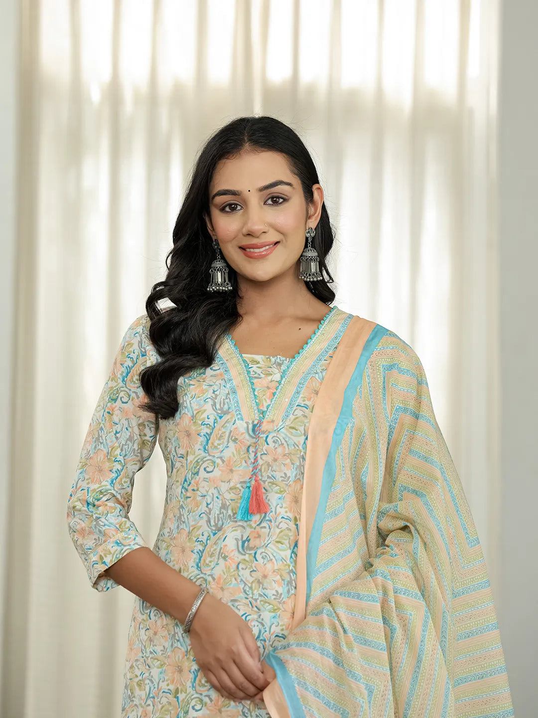 Blue Pure Cotton Floral Print Kurta Dupatta Pant Set-Yufta Store-6544SKDBLM