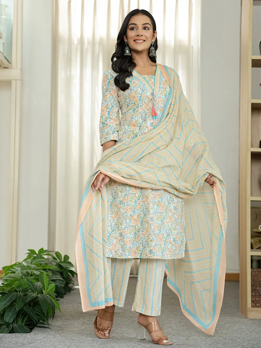 Blue Pure Cotton Floral Print Kurta Dupatta Pant Set-Yufta Store-6544SKDBLM