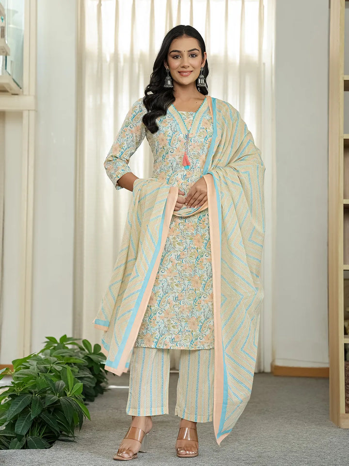 Blue Pure Cotton Floral Print Kurta Dupatta Pant Set-Yufta Store-6544SKDBLM
