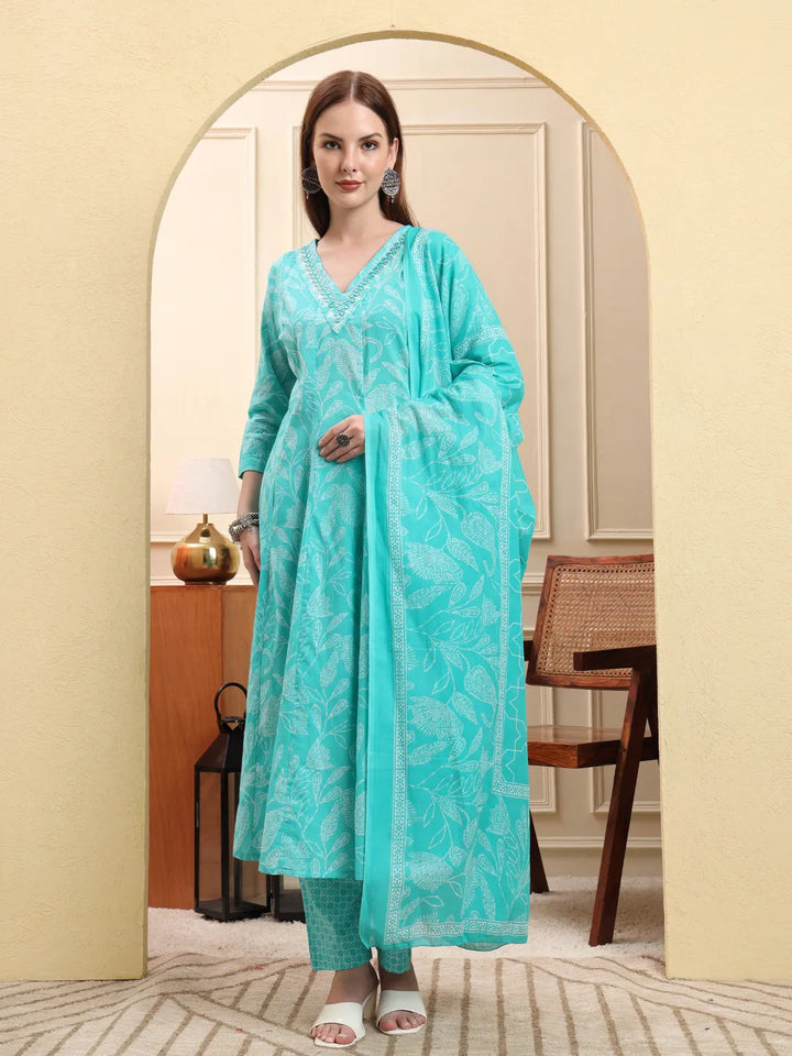 Blue Pure Cotton Floral Thread Work Anarkali Kurta Trouser Dupatta Set-Yufta Store-6618SKDBLM