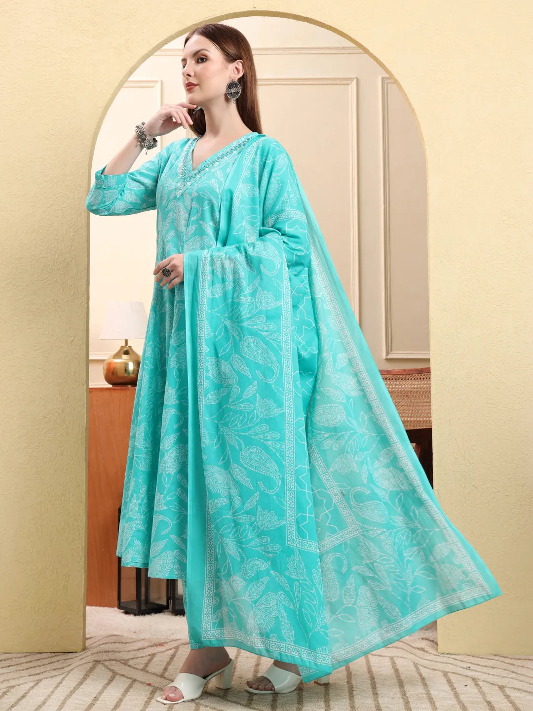 Blue Pure Cotton Floral Thread Work Anarkali Kurta Trouser Dupatta Set-Yufta Store-6618SKDBLM