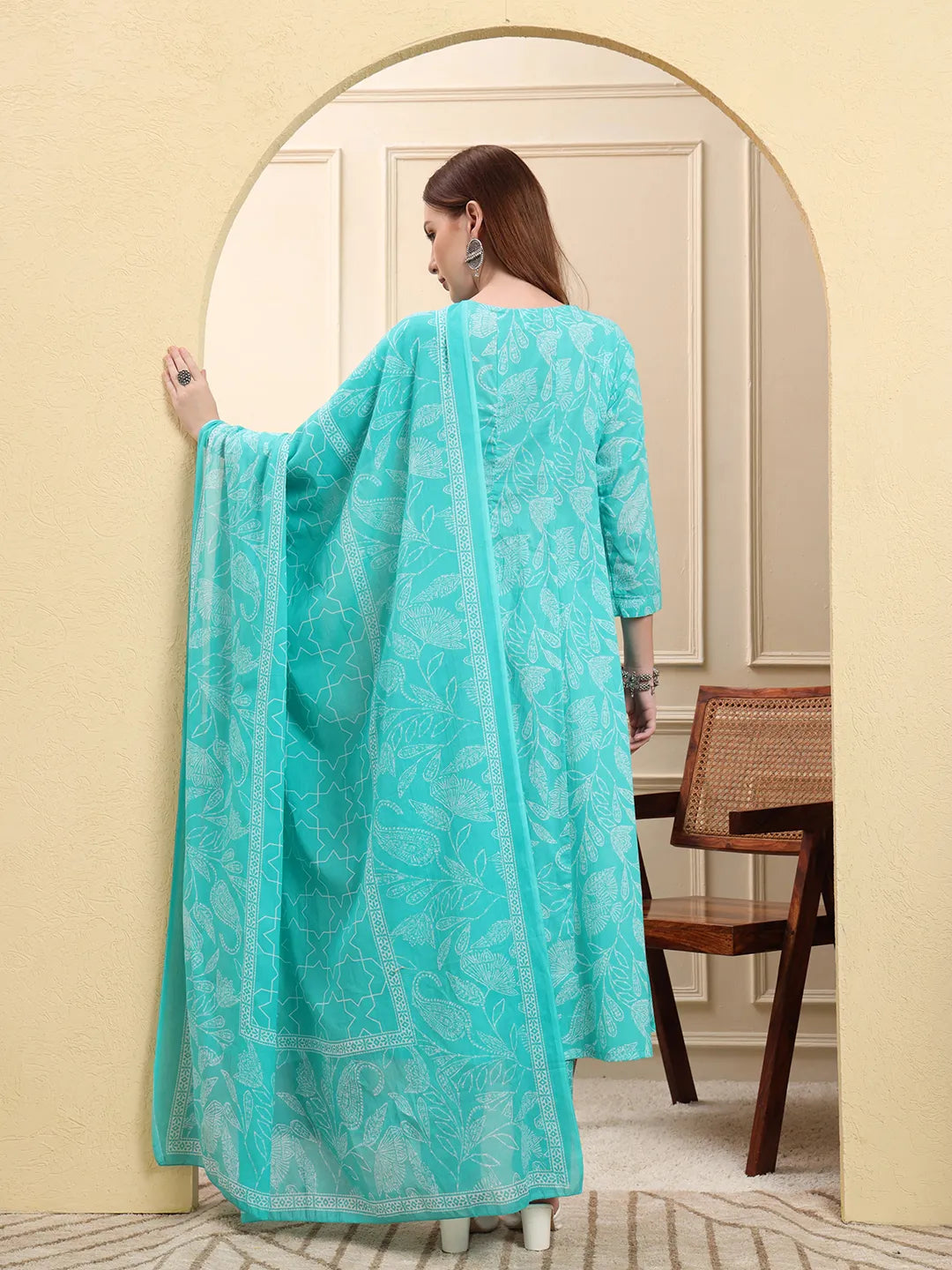 Blue Pure Cotton Floral Thread Work Anarkali Kurta Trouser Dupatta Set-Yufta Store-6618SKDBLM