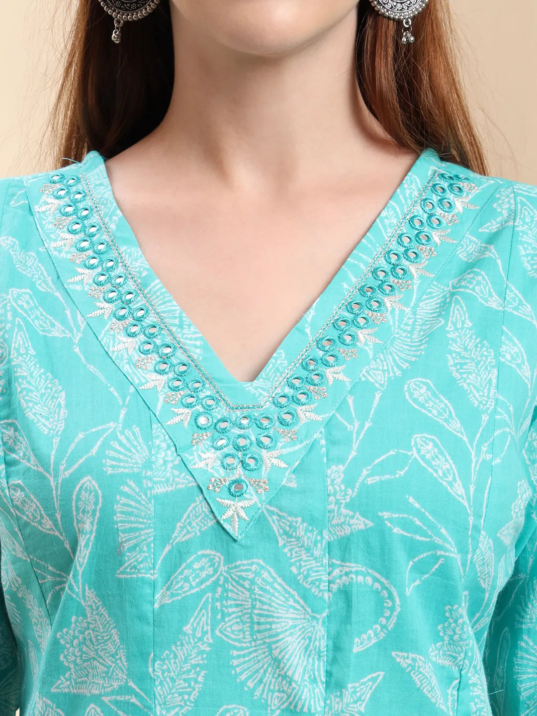 Blue Pure Cotton Floral Thread Work Anarkali Kurta Trouser Dupatta Set-Yufta Store-6618SKDBLM