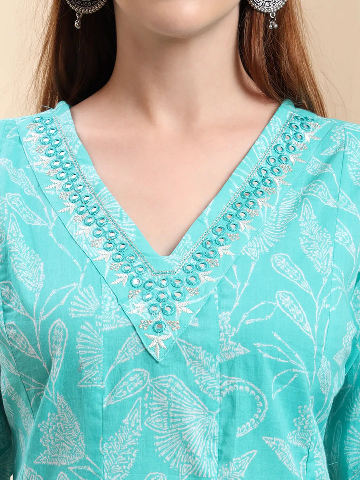 Blue Pure Cotton Floral Thread Work Anarkali Kurta Trouser Dupatta Set-Yufta Store-6618SKDBLM