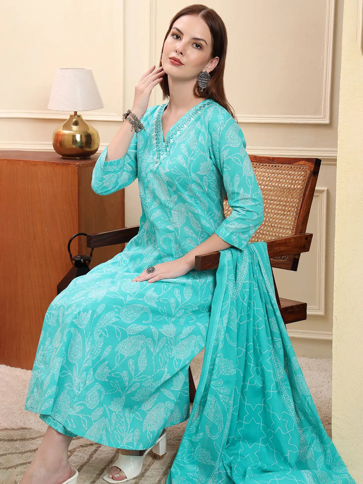 Blue Pure Cotton Floral Thread Work Anarkali Kurta Trouser Dupatta Set-Yufta Store-6618SKDBLM