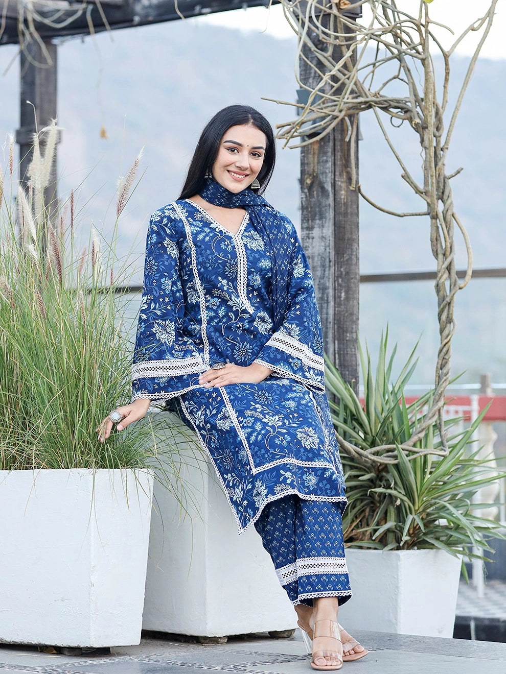 cotton dress with dupatta Red Floral Anarkali Design Cotton Kurti Set With Dupatta