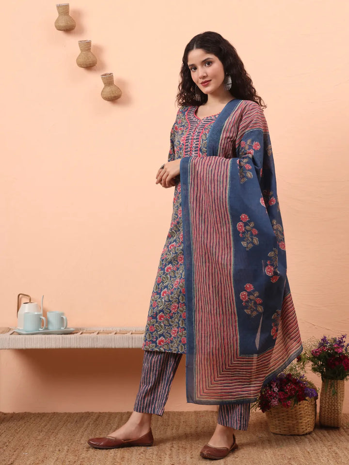 Blue Pure Cotton Mirror Work Kurta Dupatta Pant Set