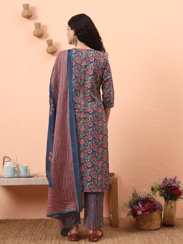 Blue Pure Cotton Mirror Work Kurta Dupatta Pant Set