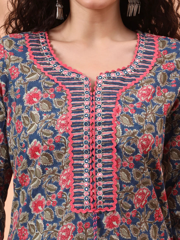 Blue Pure Cotton Mirror Work Kurta Dupatta Pant Set