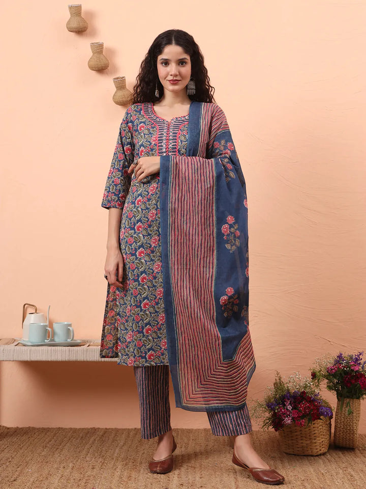 Blue Pure Cotton Mirror Work Kurta Dupatta Pant Set