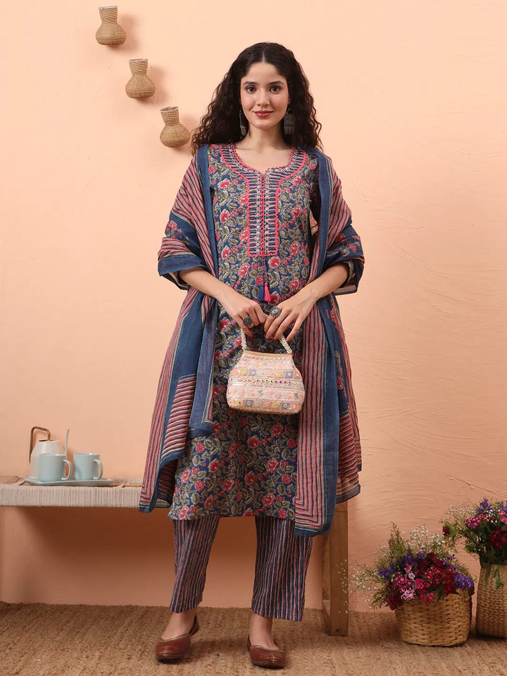 Blue Pure Cotton Mirror Work Kurta Dupatta Pant Set