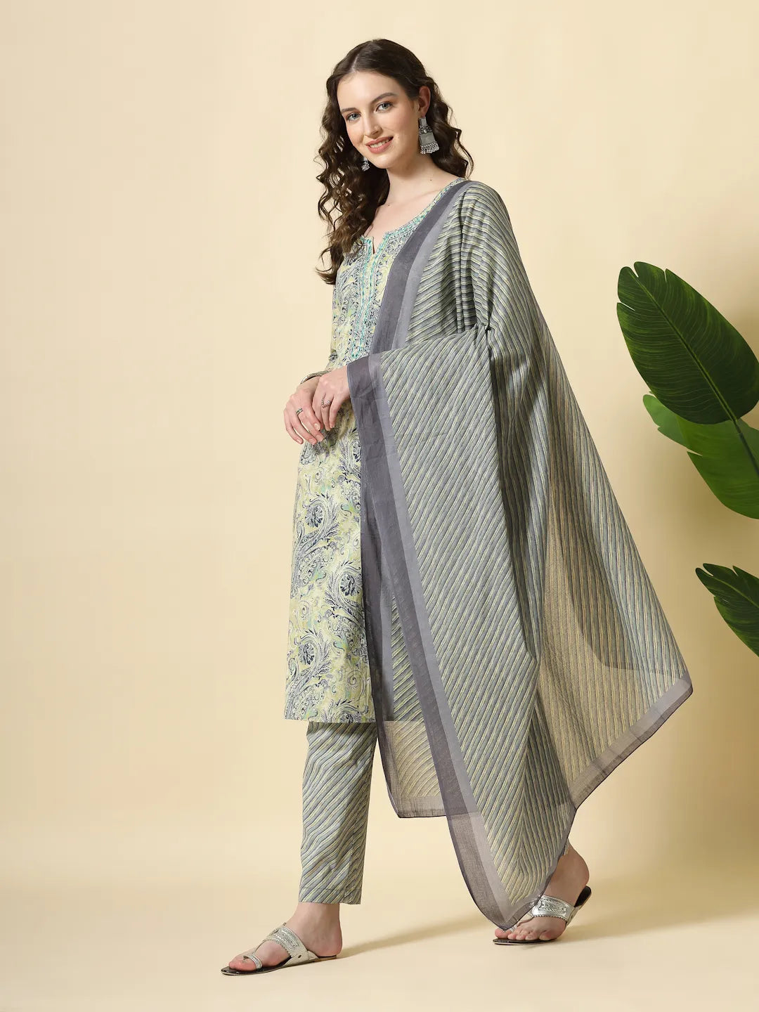 Blue Pure Cotton Paisley Kurta Dupatta Pant Set-Yufta Store-6363SKDBLM