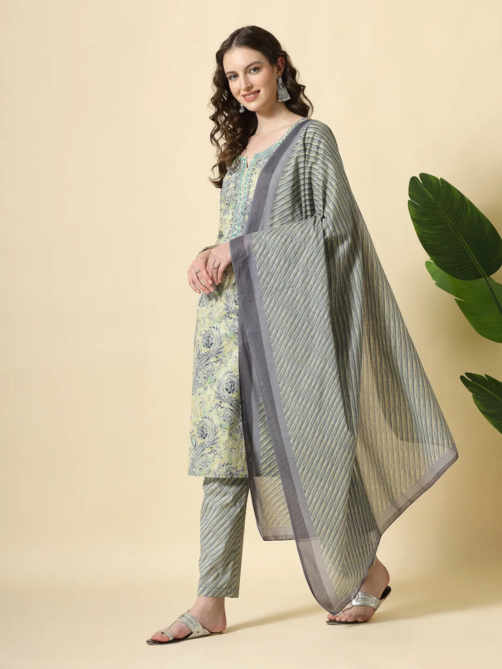 Blue Pure Cotton Paisley Kurta Dupatta Pant Set-Yufta Store-6363SKDBLM