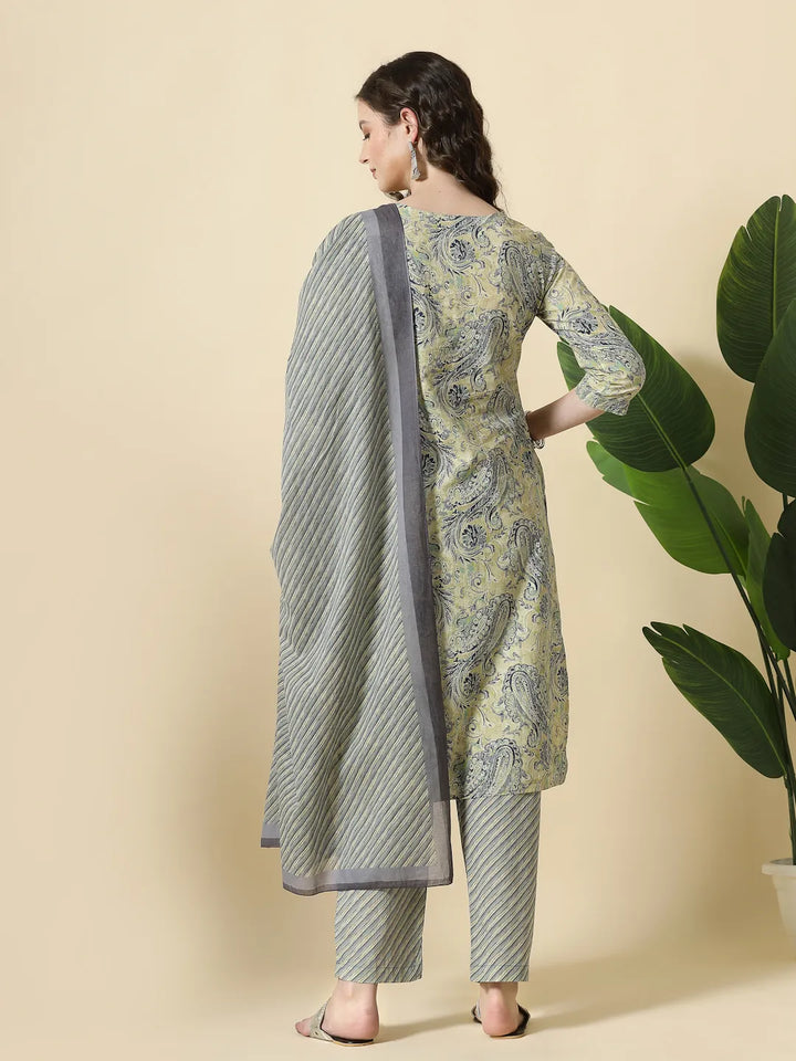 Blue Pure Cotton Paisley Kurta Dupatta Pant Set-Yufta Store-6363SKDBLM