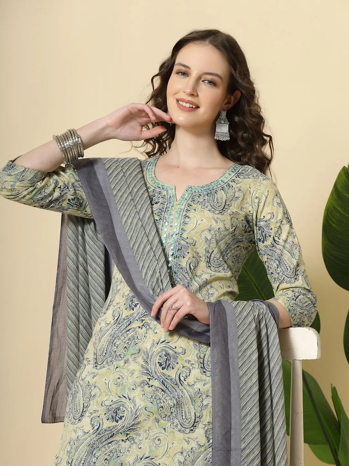 Blue Pure Cotton Paisley Kurta Dupatta Pant Set-Yufta Store-6363SKDBLM