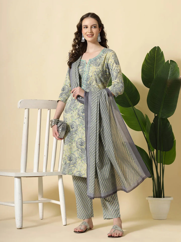 Blue Pure Cotton Paisley Kurta Dupatta Pant Set-Yufta Store-6363SKDBLM
