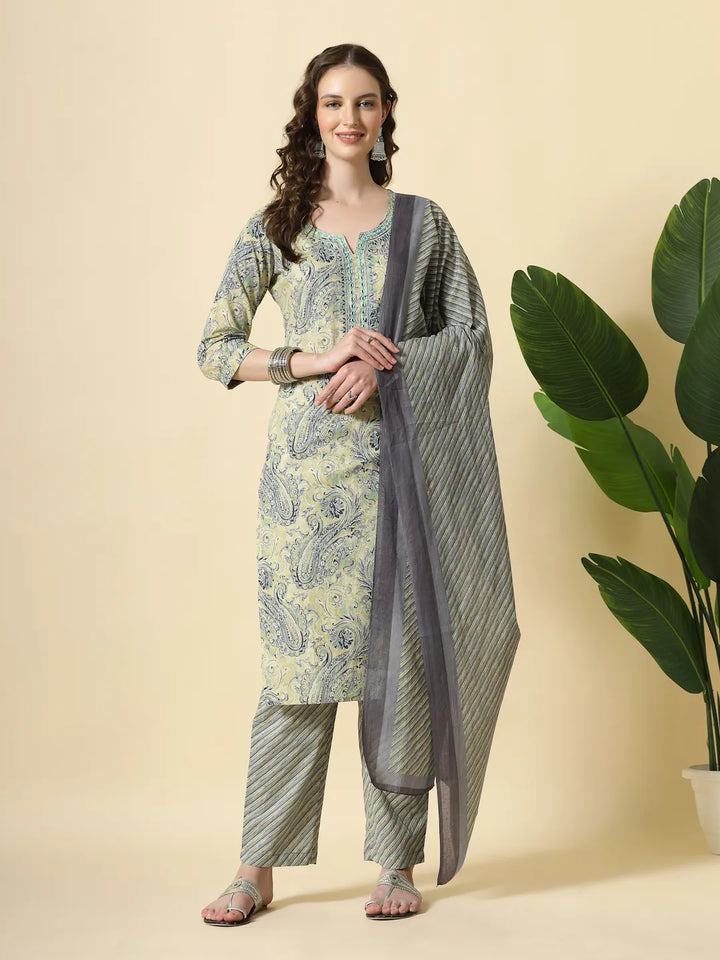 Blue Pure Cotton Paisley Kurta Dupatta Pant Set-Yufta Store-6363SKDBLM